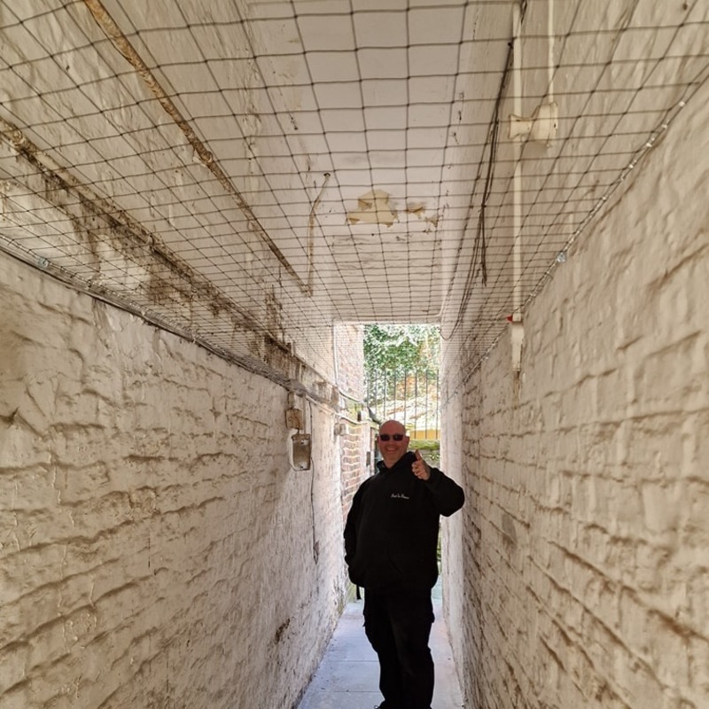 Pest In Peace pest controller standing under bird netting in a white brick-lined alleyway